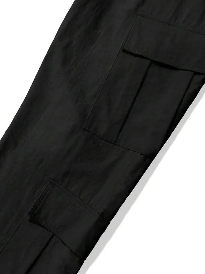 Men's Spring and Autumn Multi-Pocket Cargo Pants with Elastic Waistband and Drawstring Adjustment, Solid Color Multi-Pocket Long Pants Suitable for Outdoor Sports and Leisure