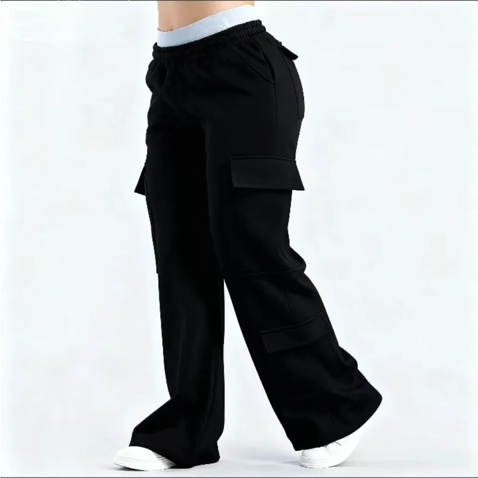 2026 Women‘s Wide Leg Cargo Pants  Elastic Waistband with Large Pockets Casual Fitness Sportswear Y2k Long Pants