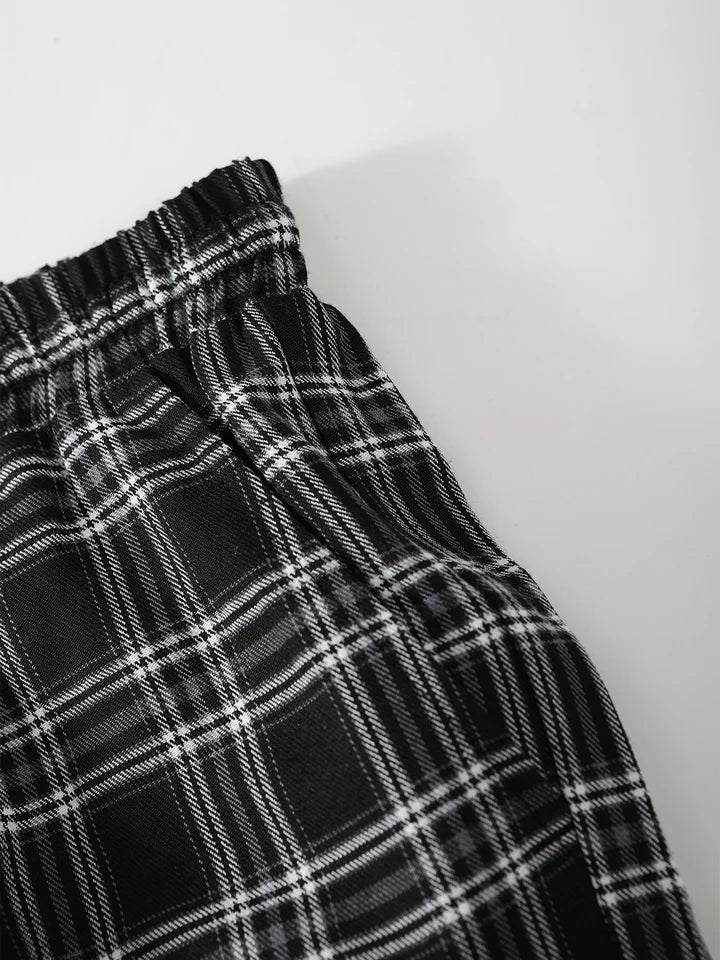Men's Classic Plaid Drawstring Straight Pants Spring Summer Loose Casual Drape Trousers