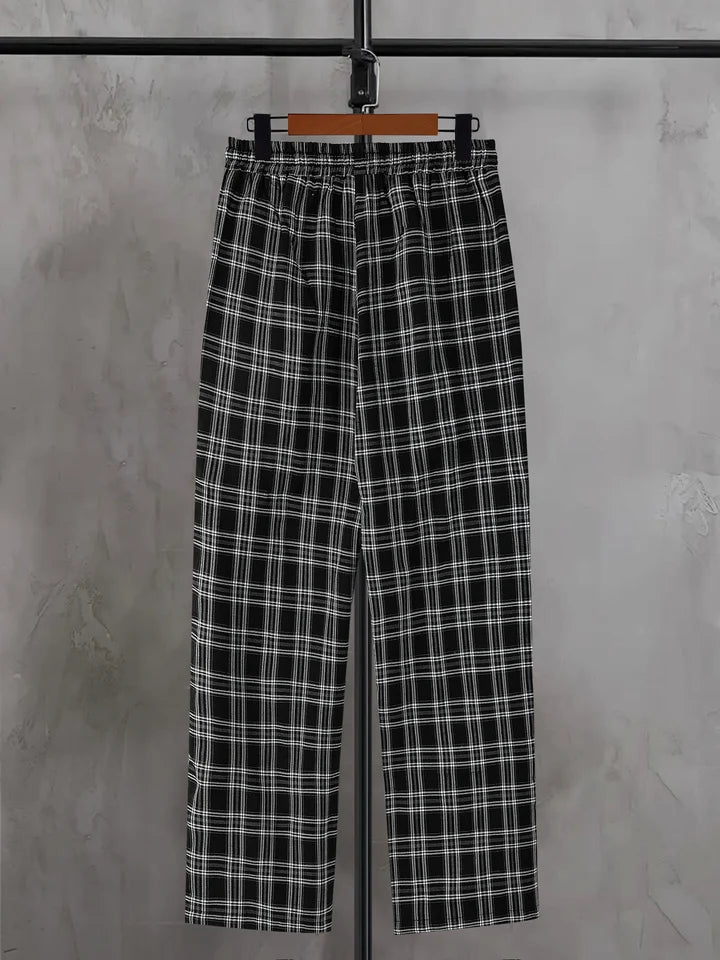 Men's Classic Plaid Drawstring Straight Pants Spring Summer Loose Casual Drape Trousers