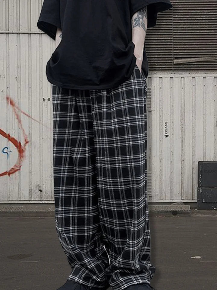 Men's Classic Plaid Drawstring Straight Pants Spring Summer Loose Casual Drape Trousers