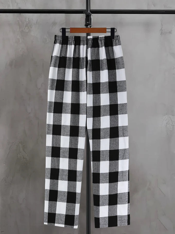 Men's Plaid Elastic Waist Casual Pants Summer Loose Straight Loungewear Pajama Trousers