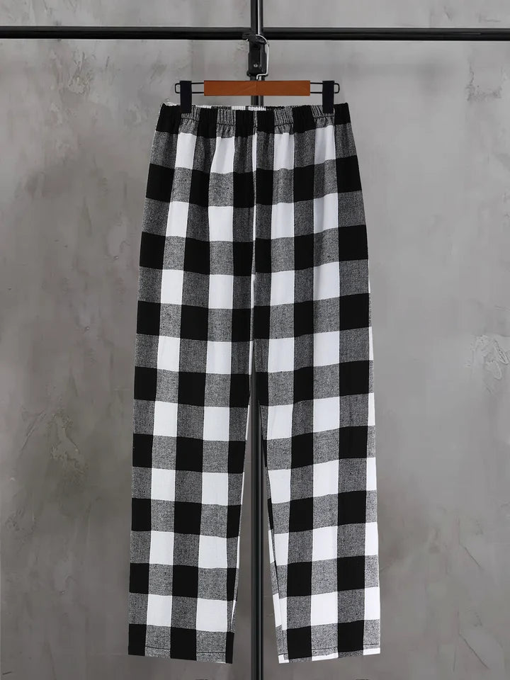 Men's Plaid Elastic Waist Casual Pants Summer Loose Straight Loungewear Pajama Trousers