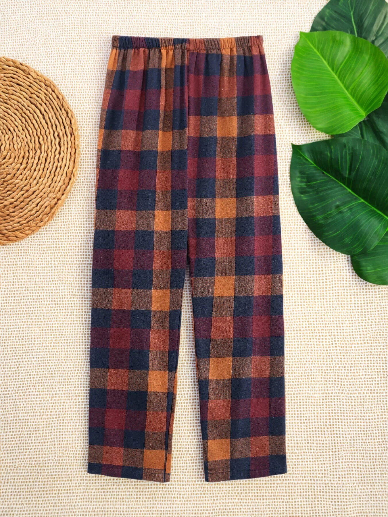 Men's Plaid Elastic Waist Casual Pants Summer Loose Straight Loungewear Pajama Trousers