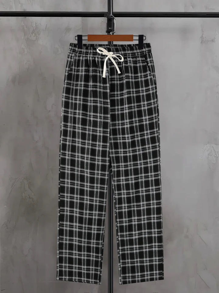 Men's Classic Plaid Drawstring Straight Pants Spring Summer Loose Casual Drape Trousers