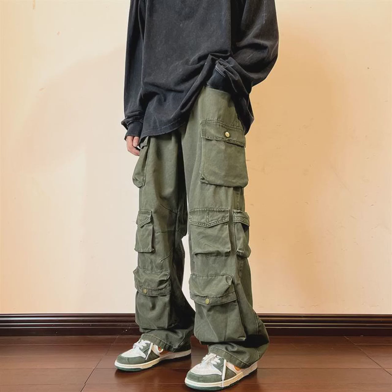 Cargo Pants Multi-pockets Tooling Pant Harajuku Men's Vintage Loose Wide Leg Pants Streetwear Casual Hip-hop Mopping Trousers